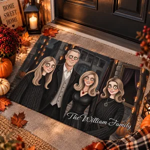 Personalized Spooky Family Portrait Doormat, Custom Photo Gothic Cartoon Welcome Mat, Halloween Housewarming Gift