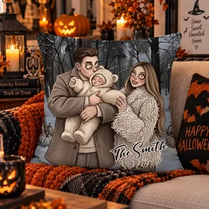 Personalized Pillow Custom Family Photo & Name – Halloween Family Portrait Cushion, Cozy Home Decor Gift