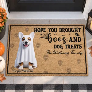 Personalized Halloween Dog Witch Costume Welcome Doormat - Custom Pet Name and Family Name