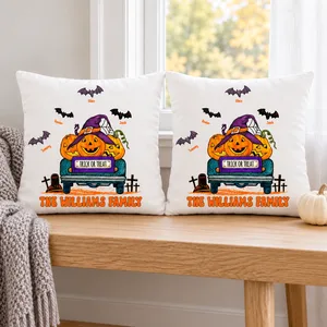 Cute Pumpkin Truck Fall Pillow Cover - Custom Family Name Halloween Pillow Cover, Personalized Bat Clipart with Kids Names
