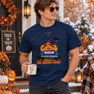 Vintage Trick or Treat Truck Shirt - Personalized Halloween Pumpkin T-Shirt, Custom Family Name and Bat Clipart