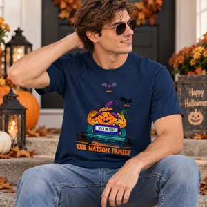 Vintage Trick or Treat Truck Shirt - Personalized Halloween Pumpkin T-Shirt, Custom Family Name and Bat Clipart