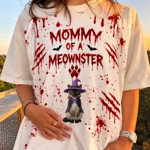 Custom Pet Photo Halloween T Shirt, Personalized Cat Name Mommy Daddy of a Meownster Tee, Witch Cat Spooky Shirt, Pet Lover Gift