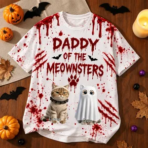 Custom Pet Photo Halloween T Shirt, Personalized Cat Name Mommy Daddy of a Meownster Tee, Witch Cat Spooky Shirt, Pet Lover Gift