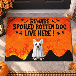 Personalized Halloween Pet Photo Doormat, Custom Dog Portrait Beware Spoiled Rotten Dog Live Here
