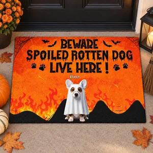 Personalized Halloween Pet Photo Doormat, Custom Dog Portrait Beware Spoiled Rotten Dog Live Here
