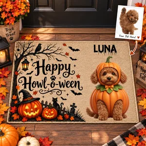 Personalized Halloween Door Mat Custom Pet Photo & Name – Happy Howl-O-Ween Pumpkin Dog Welcome Mat Spooky Home Decor