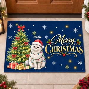 Custom Pet Picture Santa Hat and Christmas Lights - Personalized Christmas Dog Doormat