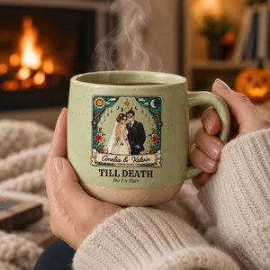 Custom Couple Photo Mug, Personalized Names Gothic Sugar Skull Coffee Cup, Till Death Do Us Part Wedding Mug, Anniversary Gift for Couple