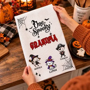Personalized Halloween Kitchen Towel Custom Kids Names – Spooky Witch Cat Trick or Treat Kitchen Decor Gift