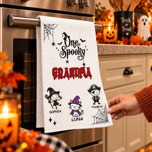 Personalized Halloween Kitchen Towel Custom Kids Names – Spooky Witch Cat Trick or Treat Kitchen Decor Gift