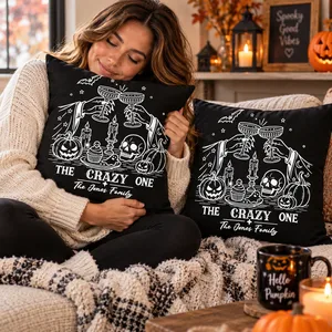 Personalized Spooky Halloween Throw Pillow - Custom Family Name Pumpkin Skull Cocktail Design
