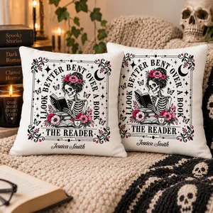 Custom Name Skeleton Reading Books Design - Personalized Gothic Bookworm Pillow