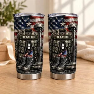Custom Military Tribute Tumbler, Personalized Name Patriotic USA Flag Cup