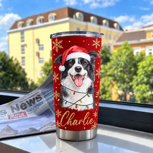 Personalized 20oz Tumbler Custom Pet Photo & Name – Christmas Dog Lover Gift, Santa Hat Holiday Stainless Steel Travel Cup