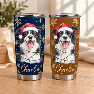 Personalized 20oz Tumbler Custom Pet Photo & Name – Christmas Dog Lover Gift, Santa Hat Holiday Stainless Steel Travel Cup