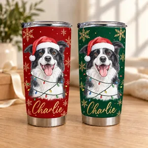 Personalized 20oz Tumbler Custom Pet Photo & Name – Christmas Dog Lover Gift, Santa Hat Holiday Stainless Steel Travel Cup