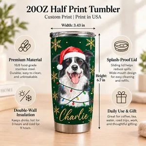 Personalized 20oz Tumbler Custom Pet Photo & Name – Christmas Dog Lover Gift, Santa Hat Holiday Stainless Steel Travel Cup