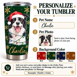 Personalized 20oz Tumbler Custom Pet Photo & Name – Christmas Dog Lover Gift, Santa Hat Holiday Stainless Steel Travel Cup