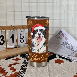 Personalized 20oz Tumbler Custom Pet Photo & Name – Christmas Dog Lover Gift, Santa Hat Holiday Stainless Steel Travel Cup