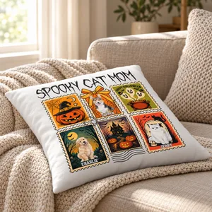 Personalized Spooky Halloween Stamp Pillow - Custom Pet Photos and Names