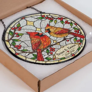Personalized Stained Glass Cardinal Suncatcher, Custom Couple Names and Special Date