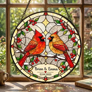 Personalized Stained Glass Cardinal Suncatcher, Custom Couple Names and Special Date