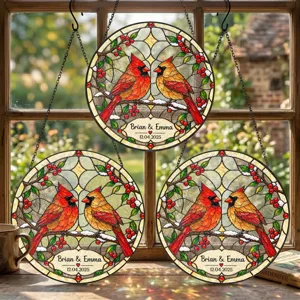 Personalized Stained Glass Cardinal Suncatcher, Custom Couple Names and Special Date