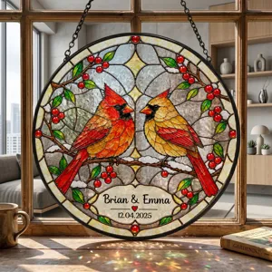 Personalized Stained Glass Cardinal Suncatcher, Custom Couple Names and Special Date