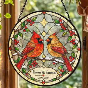 Personalized Stained Glass Cardinal Suncatcher, Custom Couple Names and Special Date