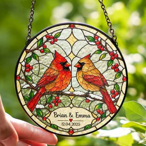 Personalized Stained Glass Cardinal Suncatcher, Custom Couple Names and Special Date