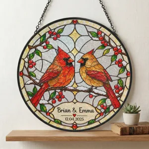 Personalized Stained Glass Cardinal Suncatcher, Custom Couple Names and Special Date