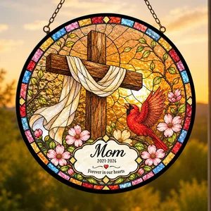 Personalized Round Stained Glass Suncatcher – Memorial Mom Keepsake, Forever In Our Hearts Christian Cross Window Hanging Gift