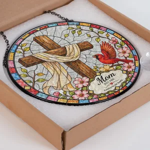 Personalized Round Stained Glass Suncatcher – Memorial Mom Keepsake, Forever In Our Hearts Christian Cross Window Hanging Gift
