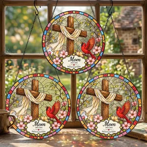 Personalized Round Stained Glass Suncatcher – Memorial Mom Keepsake, Forever In Our Hearts Christian Cross Window Hanging Gift