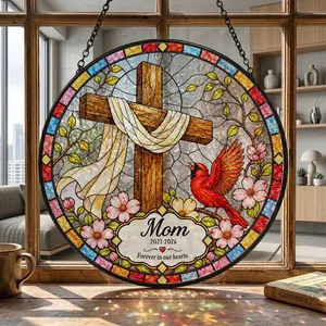 Personalized Round Stained Glass Suncatcher – Memorial Mom Keepsake, Forever In Our Hearts Christian Cross Window Hanging Gift