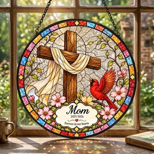 Personalized Round Stained Glass Suncatcher – Memorial Mom Keepsake, Forever In Our Hearts Christian Cross Window Hanging Gift