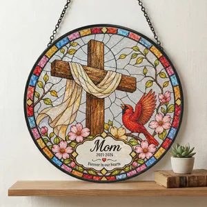 Personalized Round Stained Glass Suncatcher – Memorial Mom Keepsake, Forever In Our Hearts Christian Cross Window Hanging Gift