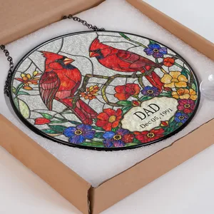 Personalized Dad Suncatcher Custom Title & Date, Cardinal Bird Stained Glass Window Decor, Colorful Floral Sun Catcher, Meaningful Gift for Dad