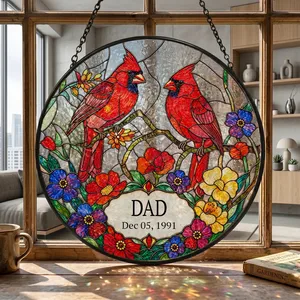 Personalized Dad Suncatcher Custom Title & Date, Cardinal Bird Stained Glass Window Decor, Colorful Floral Sun Catcher, Meaningful Gift for Dad