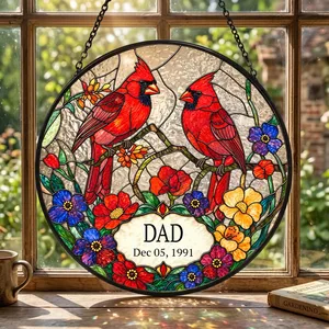 Personalized Dad Suncatcher Custom Title & Date, Cardinal Bird Stained Glass Window Decor, Colorful Floral Sun Catcher, Meaningful Gift for Dad