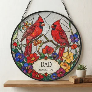 Personalized Dad Suncatcher Custom Title & Date, Cardinal Bird Stained Glass Window Decor, Colorful Floral Sun Catcher, Meaningful Gift for Dad