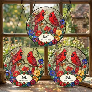Personalized Dad Suncatcher Custom Title & Date, Cardinal Bird Stained Glass Window Decor, Colorful Floral Sun Catcher, Meaningful Gift for Dad