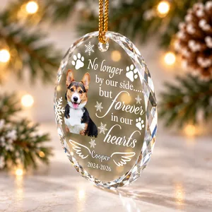 Personalized Dog Memorial Glass Christmas Ornament - Custom Pet Portrait, No Longer by Our Side Sympathy