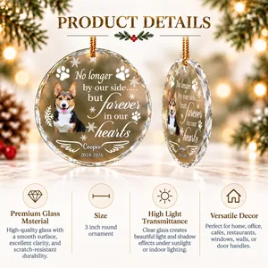 Personalized Dog Memorial Glass Christmas Ornament - Custom Pet Portrait, No Longer by Our Side Sympathy