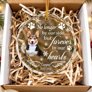 Personalized Dog Memorial Glass Christmas Ornament - Custom Pet Portrait, No Longer by Our Side Sympathy