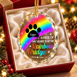 Custom Name Rainbow Bridge Glass Ornament - Personalized Pet Loss Memorial Keepsake