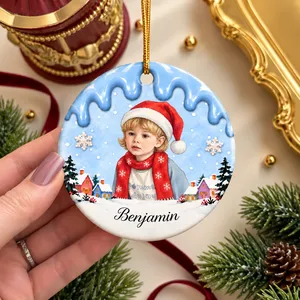 Personalized Christmas Ornament Custom Photo & Name, Santa Hat Kid Winter Keepsake, Snowy Village Christmas Tree Decor, Family Holiday Gift