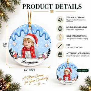 Personalized Christmas Ornament Custom Photo & Name, Santa Hat Kid Winter Keepsake, Snowy Village Christmas Tree Decor, Family Holiday Gift