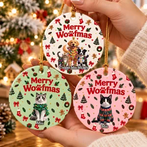 Christmas Gift For Pet Mom - Personalized Custom Photo Pet Name Festive Pattern Circle Ceramic Ornament